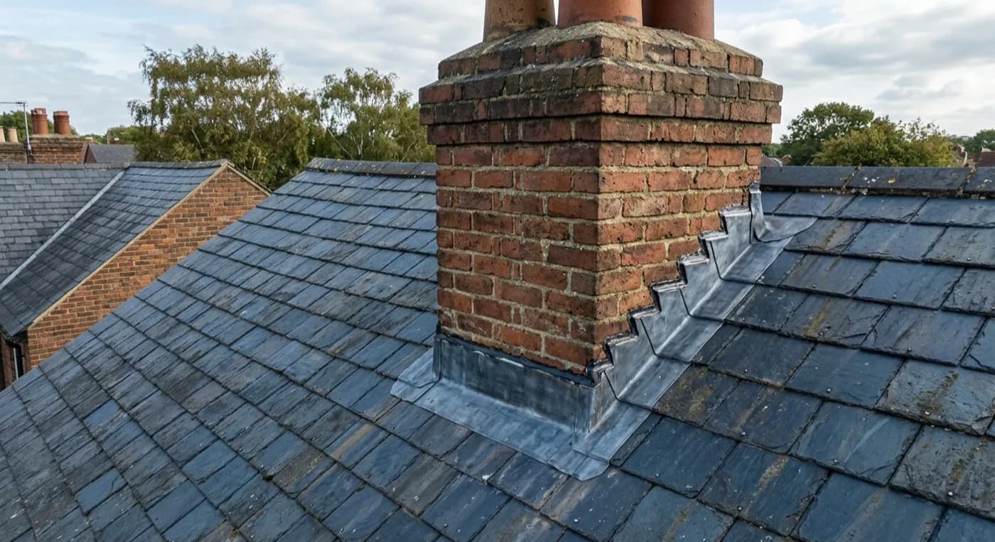 A brick chimney stack with lead flashing at the base where it meets the roof slope