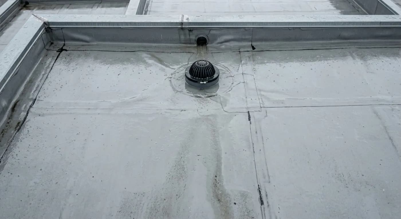 A flat roof section with a single ply membrane and a rainwater outlet