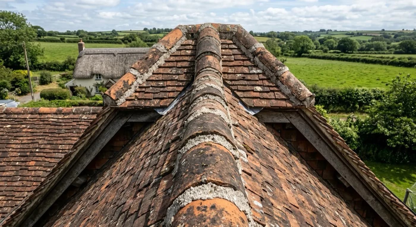 Close view of a hip roof ridge line with mortar bedding on the ridge tiles