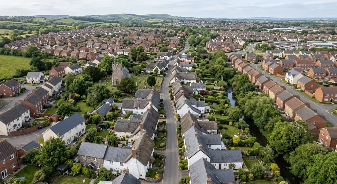 Aerial view of a village on the edge of Exeter with older stone and slate roofs among newer infill