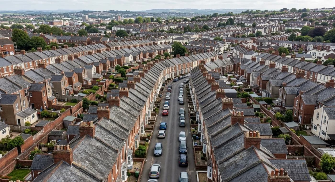 Aerial view of dense Victorian and Edwardian terraced roofs close to Exeter city centre