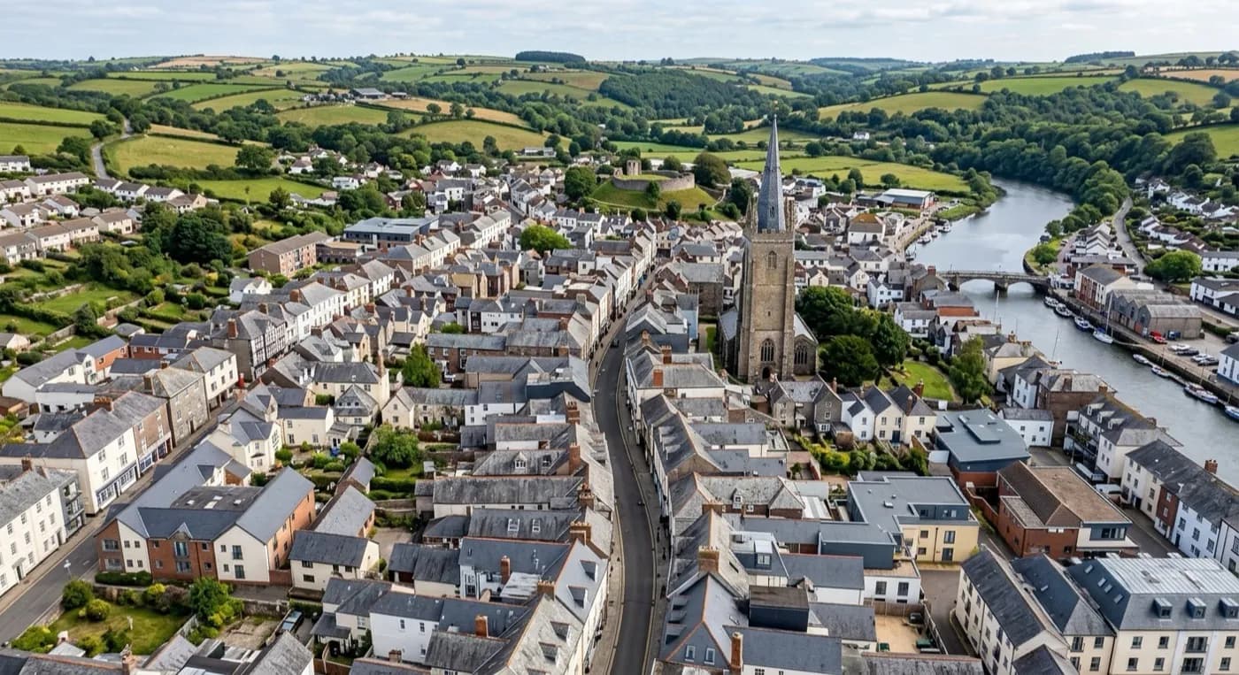 Aerial view of a South West market town with a mix of period and modern roofs around a high street
