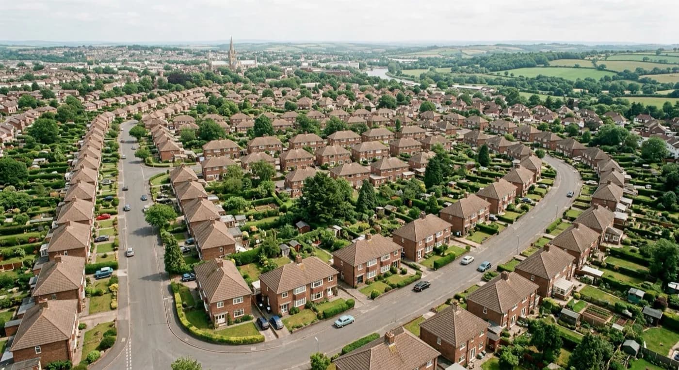 Aerial view of interwar and postwar semi-detached roofs on an Exeter suburban estate