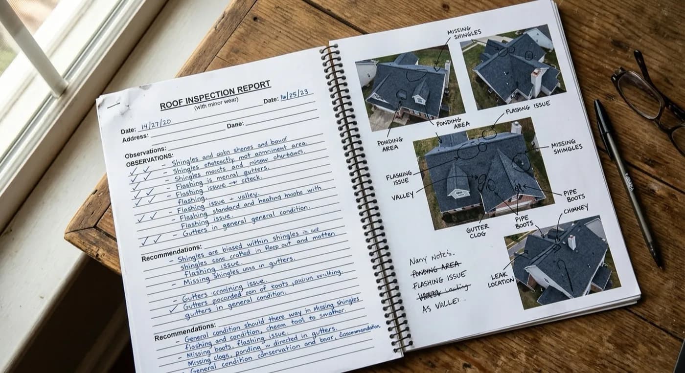 A written roof inspection report open on a desk, with annotated photographs visible on the page