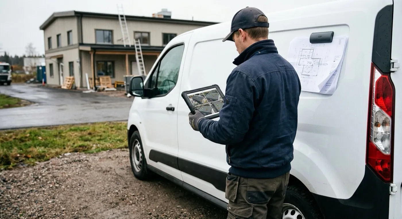 A person reviewing roof inspection images on a tablet beside a folded site plan